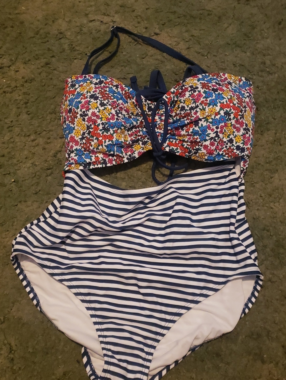 Womens Floral & Navy Stripe One-Piece Swimsuit